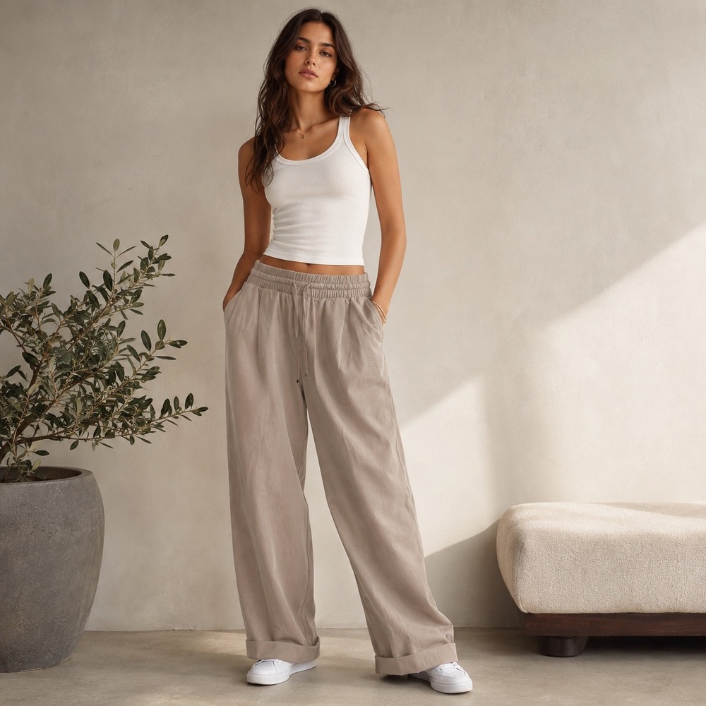MONDETTA Performance Luxury Beige Lounge Pants Elastic‎ Waist Drawstring Joggers
